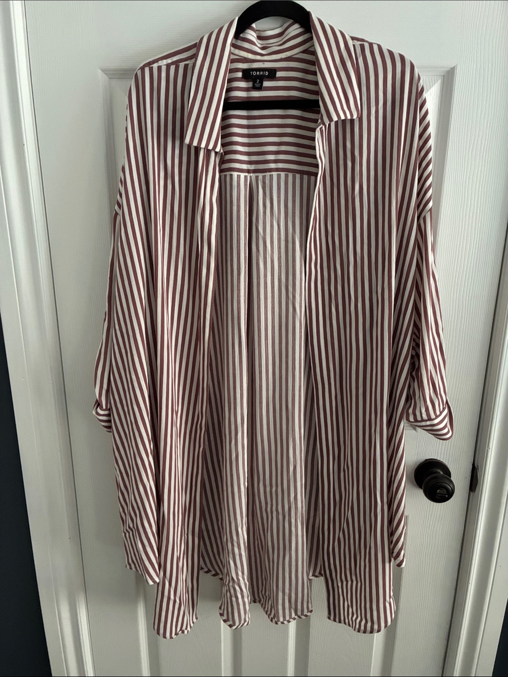 torrid Wine and White Vertical Stripe Open Blazer